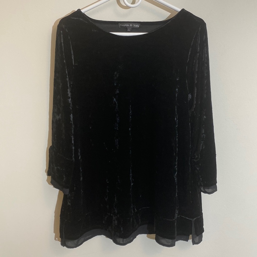 Preston & York Black Velour Shirt With 3/4 Sleeves and Sheer Lining - Size L